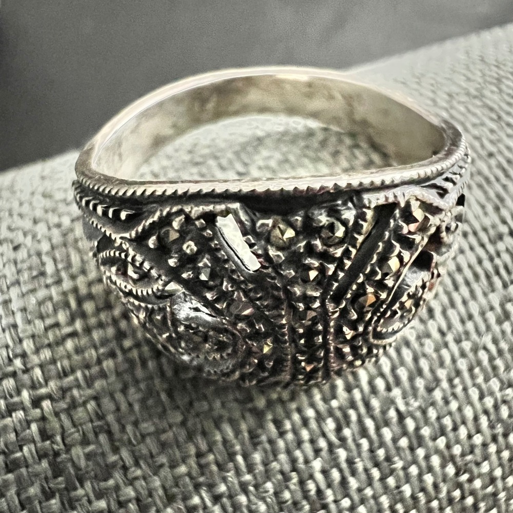 Vtg Judith Jack Sterling Silver Marcasite Filigree Statement Ring 8 Gothic 90s